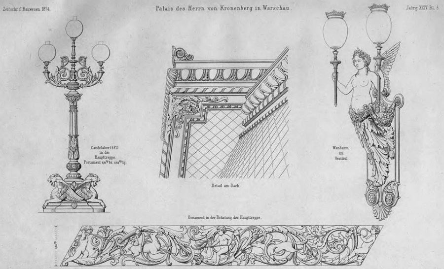 Od lewej: kandelabry na szczycie balustrady klatki schodowej, detal dachu, kandelabry z holu wejściowego, fragment balustrady.