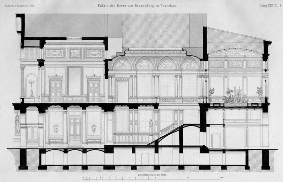 Przekrój budynku z widokiem na parter oraz I piętro. Widoczny hol wejściowy, reprezentacyjna klatka schodowa oraz sala balowa i ogród zimowy na I piętrze.