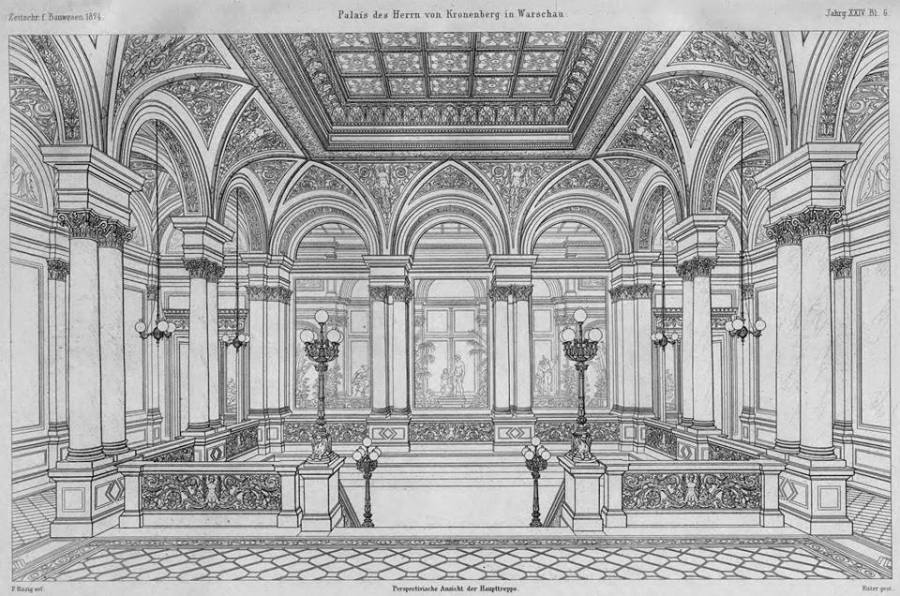 Widok na reprezentacyjną klatkę schodową - I piętro. Zarówno klatka schodowa jak i znajdujący się z tyłu Ogród Zimowy miały szklane zadaszenie (ten ostatni podwójne)