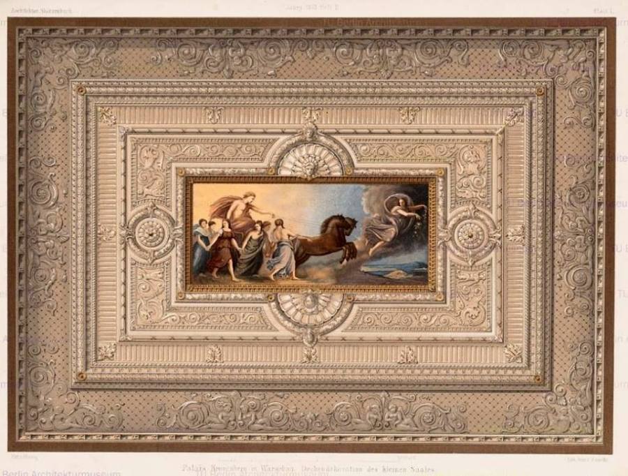 Widok wystroju biblioteki, znajdującej się na I piętrze na prawo od klatki schodowej. Widok ściany i fragment stropu. — w: Warszawa