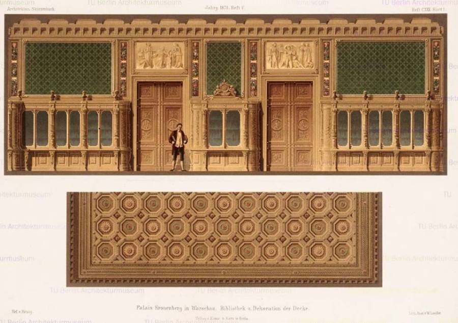 Widok stropu Salonu, znajdującego się na lewo od klatki schodowej na I piętrze. Na środku widoczny plafon z Apollem w rydwanie w otoczeniu muz