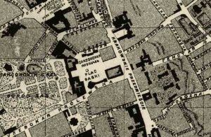 Plac Saski i stajnie, zaznaczone na planie miasta z roku 1879.