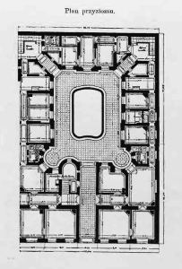 Rzut tzw. „przyziomu” czyli parteru budynku. Widać dość długi przejazd bramny. Na lewo od przejazdu znajduje się główna klatka schodowa. Klatki schodowe dla służby umieszczone są w rogach pomiędzy oficynami bocznymi a oficyną tylną. Na środku podwórka widoczny „zbiornik z wodotryskiem”