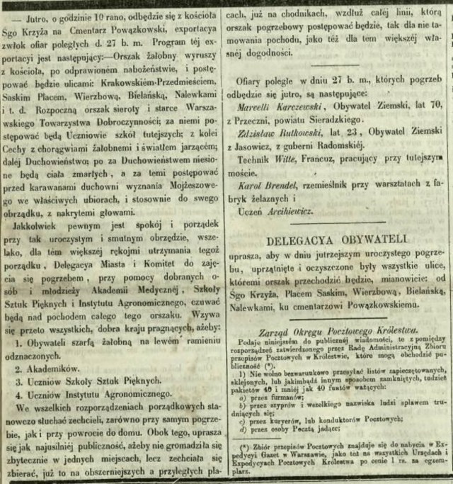 Informacja z Gazety Warszawskiej o pogrzebie zabitych podczas demonstracji. Gazeta informuje również, kto będzie uczestniczył w ceremonii, w jakim porządku będzie ustawiony kondukt oraz jaką trasa przejdzie.