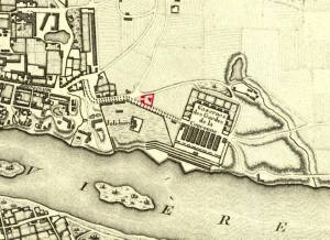 Cmentarz i kościół pod wezwaniem Zdjęcia z Krzyża na planie Warszawy z roku 1790. Kościół i cmentarz zaznaczony na czerwono.