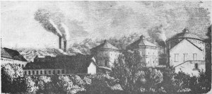 Rycina przedstawiająca gazownię od strony Wisły, opublikowana w Tygodniku Ilustrowanym w roku 1771. Do dzisiaj zachowały się fundamenty widocznych na rycinie zbiorników.