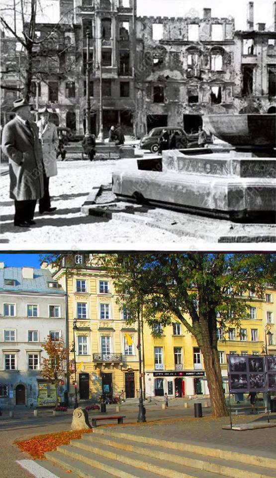 Herbert Hoover ogląda pozostałości pomnika w roku 1946. To samo miejsce współcześnie.