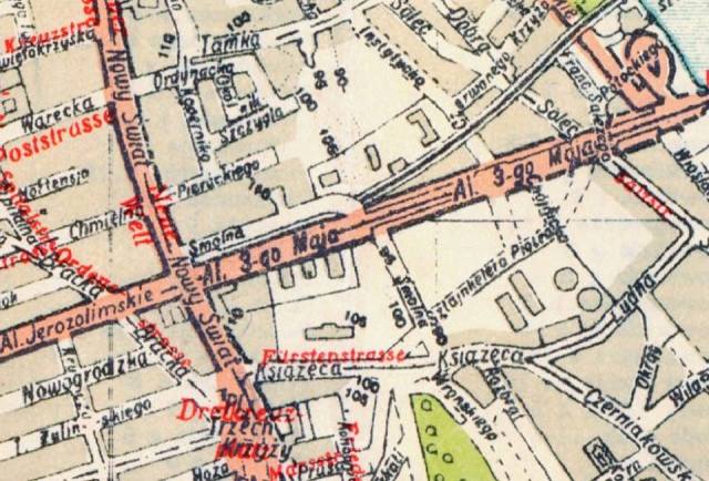 Plan Warszawy, wydany w roku 1941.Widoczny fragment pomiędzy Smolną a Aleją 3-go Maja